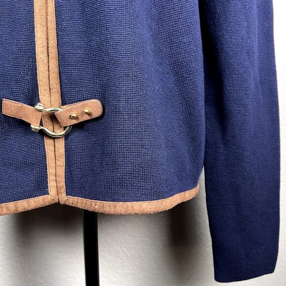 Lauren Ralph Lauren Navy Equestrian Horsebit Cardigan Faux Leather Trim Sz XL - Picture 4 of 10